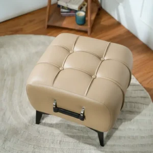 Modern Tan Leather Tufted Ottoman with Black Handle