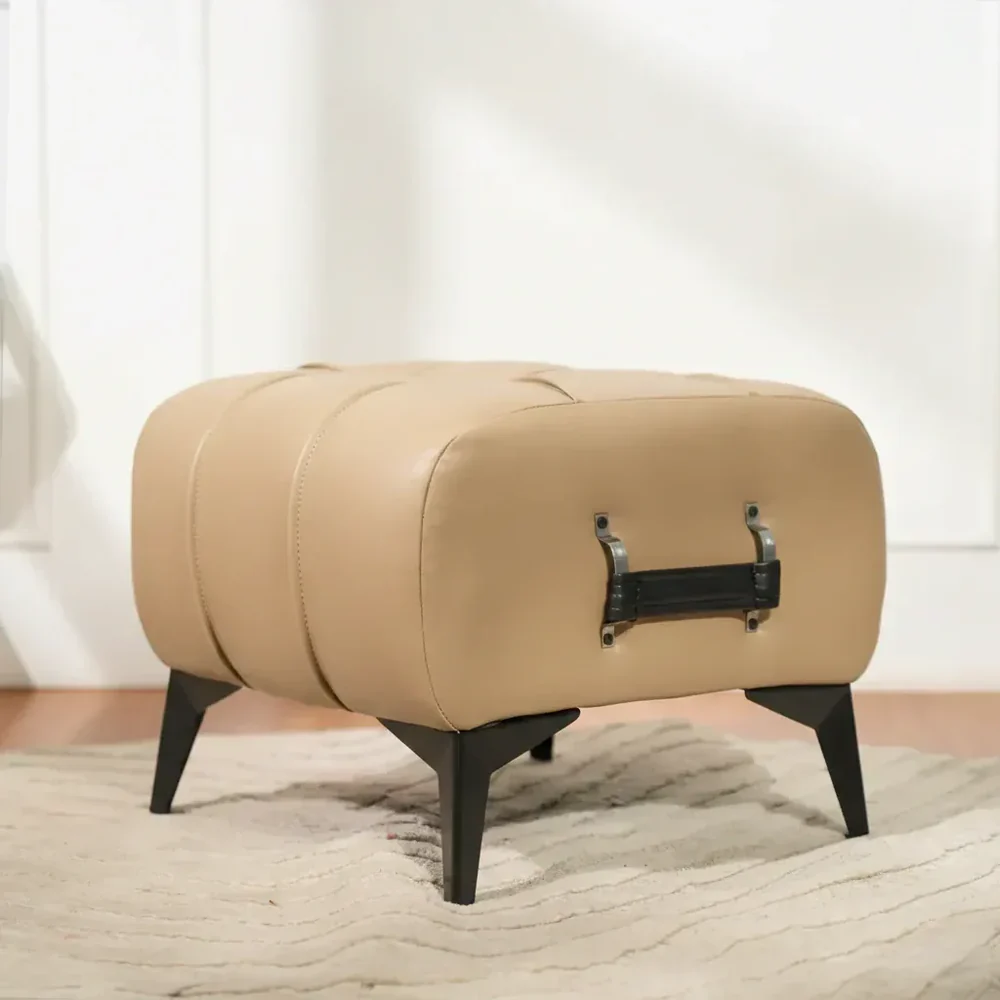 Modern Dark Brown Leather Tufted Ottoman with Black Handle - Image 3