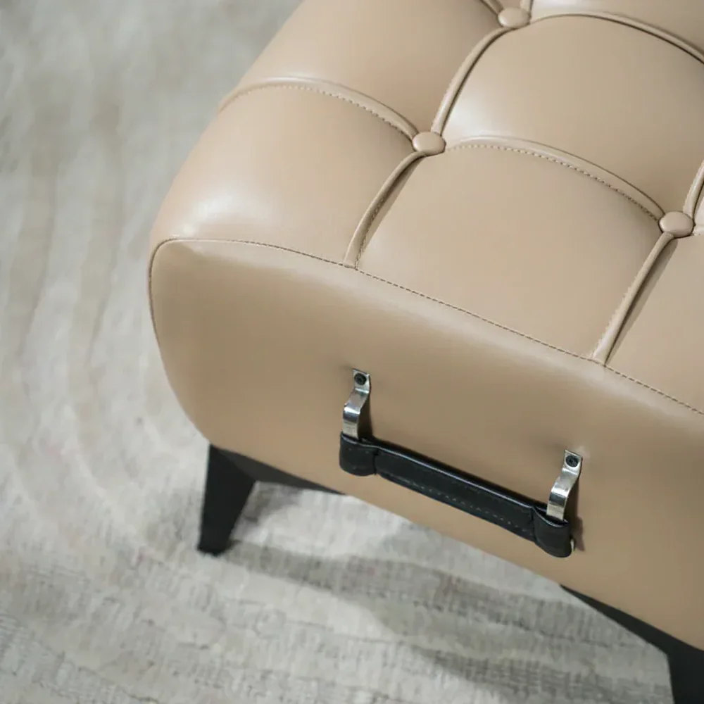 Modern Dark Brown Leather Tufted Ottoman with Black Handle - Image 4