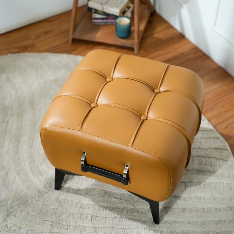 Modern Cream Leather Tufted Ottoman with Black Handle