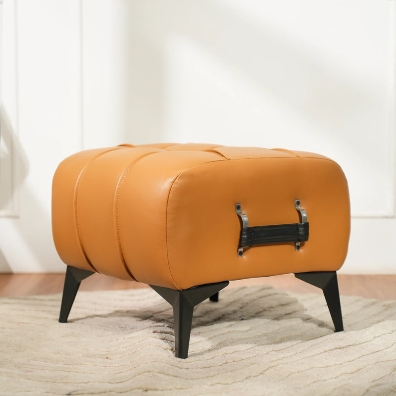 Modern Cream Leather Tufted Ottoman with Black Handle - Image 3