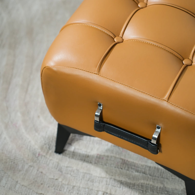 Modern Cream Leather Tufted Ottoman with Black Handle - Image 2