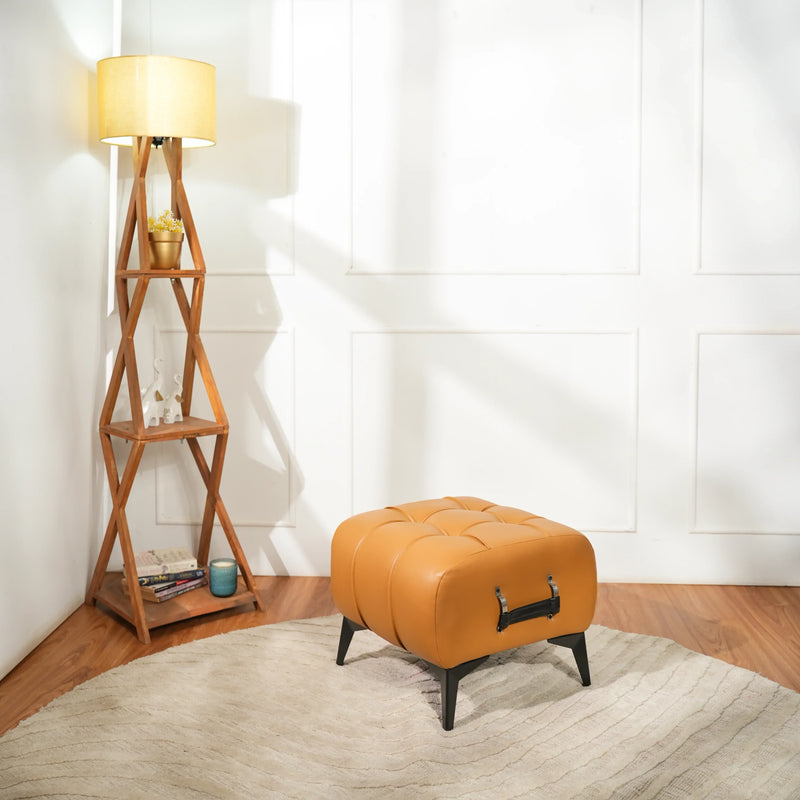 Modern Cream Leather Tufted Ottoman with Black Handle - Image 4