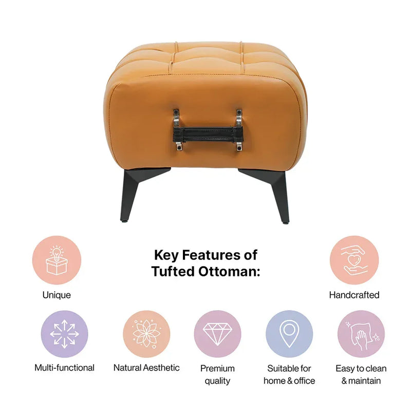 Modern Cream Leather Tufted Ottoman with Black Handle - Image 6