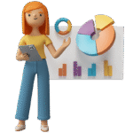 Female Character holding tablet point pie chart