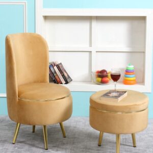 Ottoman Pouffes Sitting Stool for Living Room | Pouf Dressing Table Puffy Footstool for Office & Home Decoration | Holland Velvet Fabric & Metal Leg Chair Stool Combo (18x18x32 Inch) Beige