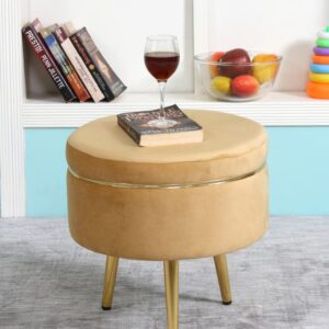 Ottoman Pouffes Sitting Stool for Living Room | Pouf Dressing Table Puffy Footstool for Office & Home Decoration | Holland Velvet Fabric & Metal Leg Stool (16x16x17 Inch) Beige