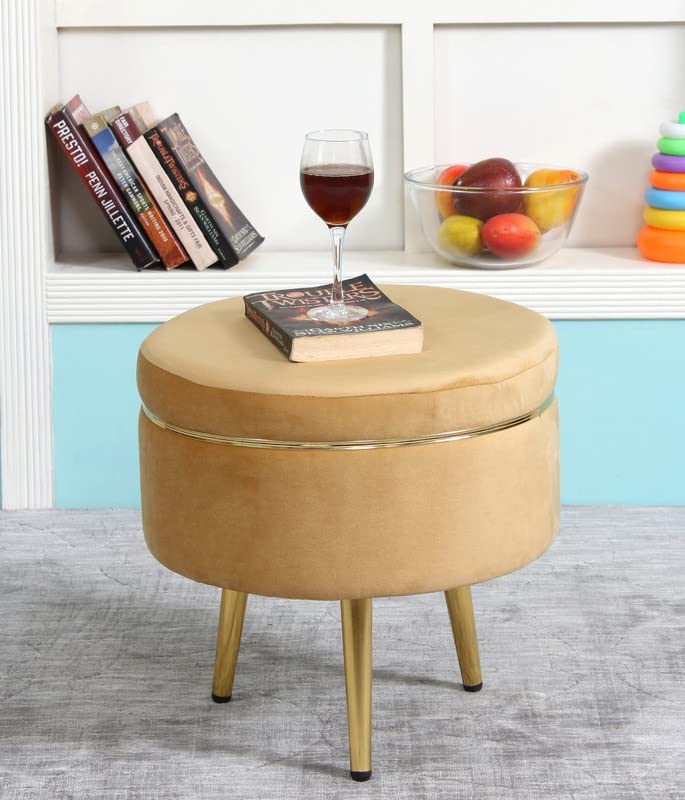 Ottoman Pouffes Sitting Stool for Living Room | Pouf Dressing Table Puffy Footstool for Office & Home Decoration | Holland Velvet Fabric & Metal Leg Stool (16x16x17 Inch) Beige