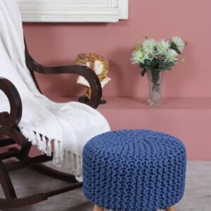 Jute Pouffes Sitting Stool For Living Room Poof Puffy Wooden Ottoman Stools (Blue)