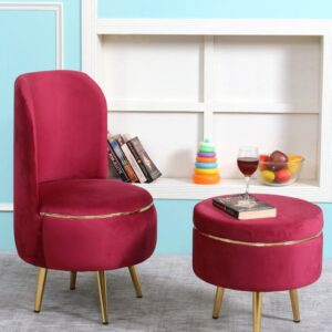 Ottoman Pouffes Sitting Stool for Living Room | Pouf Dressing Table Puffy Footstool for Office & Home Decoration | Holland Velvet Fabric & Metal Leg Chair Stool Combo (18x18x32 Inch) Wine