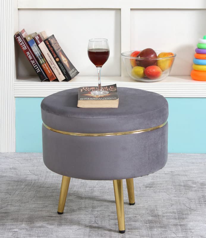 Ottoman Pouffes Sitting Stool for Living Room | Pouf Dressing Table Puffy Footstool for Office & Home Decoration | Holland Velvet Fabric & Metal Leg Stool (16x16x17 Inch) Grey