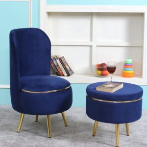 Ottoman Pouffes Sitting Stool for Living Room | Pouf Dressing Table Puffy Footstool for Office & Home Decoration | Holland Velvet Fabric & Metal Leg Chair Stool Combo (18x18x32 Inch) Royal Blue