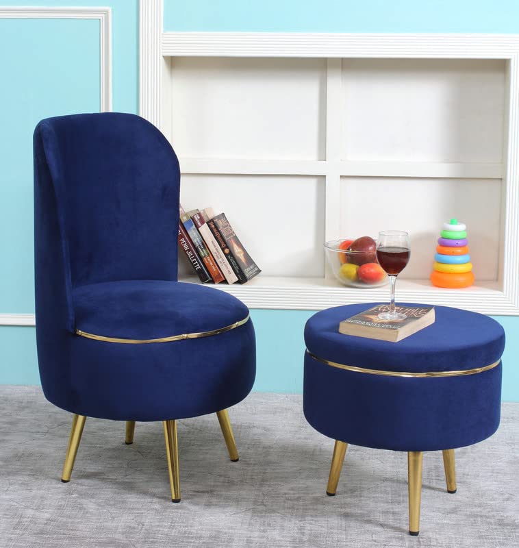Ottoman Pouffes Sitting Stool for Living Room | Pouf Dressing Table Puffy Footstool for Office & Home Decoration | Holland Velvet Fabric & Metal Leg Chair Stool Combo (18x18x32 Inch) Royal Blue