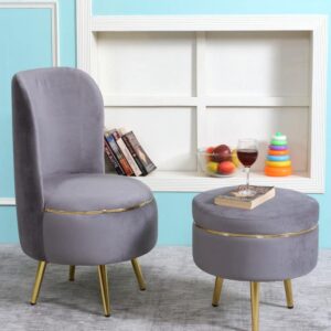Ottoman Pouffes Sitting Stool for Living Room | Pouf Dressing Table Puffy Footstool for Office & Home Decoration | Holland Velvet Fabric & Metal Leg Chair Stool Combo (18x18x32 Inch) Grey