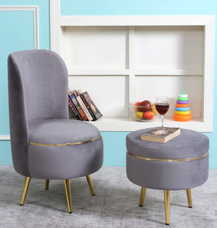 Ottoman Pouffes Sitting Stool for Living Room | Pouf Dressing Table Puffy Footstool for Office & Home Decoration | Holland Velvet Fabric & Metal Leg Chair Stool Combo (18x18x32 Inch) Grey
