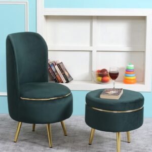 Ottoman Pouffes Sitting Stool for Living Room | Pouf Dressing Table Puffy Footstool for Office & Home Decoration | Holland Velvet Fabric & Metal Leg Chair Stool Combo (18x18x32 Inch) Green
