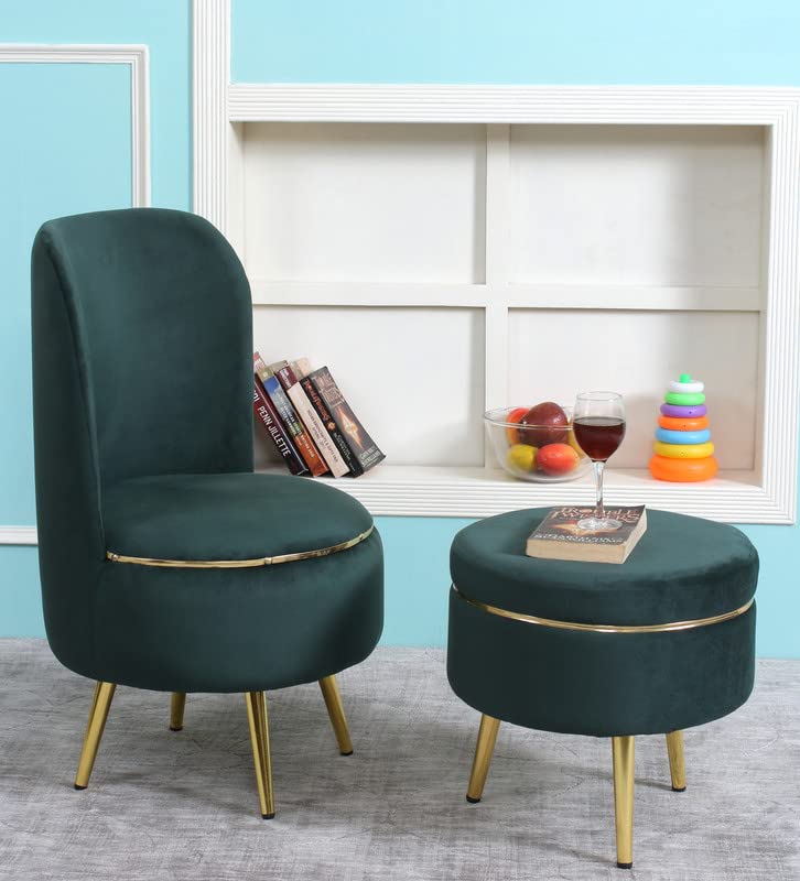 Ottoman Pouffes Sitting Stool for Living Room | Pouf Dressing Table Puffy Footstool for Office & Home Decoration | Holland Velvet Fabric & Metal Leg Chair Stool Combo (18x18x32 Inch) Green