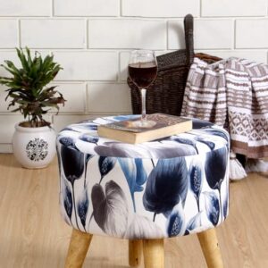 Ottoman Poufs Sitting Mudda Stool for Living Room Dressing Table Round Footstool for Home Decor Printed 16x16x17 Inch (Leaf)