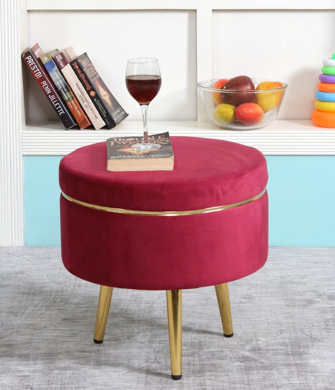 Ottoman Pouffes Sitting Stool for Living Room | Pouf Dressing Table Puffy Footstool for Office & Home Decoration | Holland Velvet Fabric & Metal Leg Stool (16x16x17 Inch) Wine