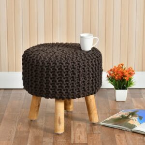 Jute Pouffes Sitting Stool For Living Room Poof Puffy Wooden Ottoman Stools (Brown)