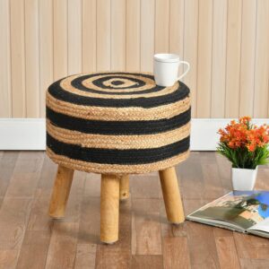 Jute Pouffes Sitting Stool For Living Room Poof Puffy Wooden Ottoman Stools (Black-Cream)