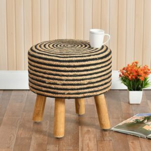 Jute Pouffes Sitting Stool For Living Room Poof Puffy Wooden Ottoman Stools (Black-Chakri)