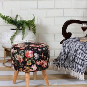 Ottoman Poufs Stool for Living & Sitting | Printed Foot stools Make up Dressing Side Table & Decoration 17″ (Black Rose)