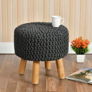 Jute Pouffes Sitting Stool For Living Room Poof Puffy Wooden Ottoman Stools (Black)