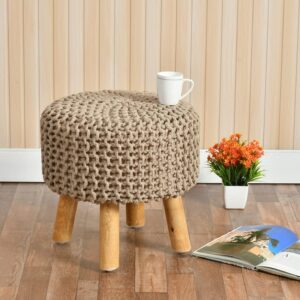 Jute Pouffes Sitting Stool For Living Room Poof Puffy Wooden Ottoman Stools (Beige)
