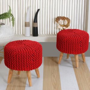 Jute Pouffes Sitting Stool For Living Room Poof Puffy Wooden Ottoman Stools (Combo Red)