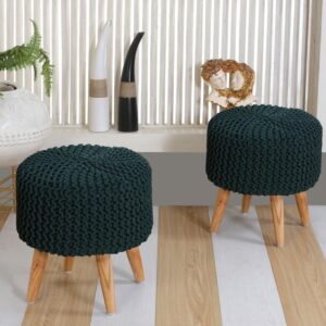 Jute Pouffes Sitting Stool For Living Room Poof Puffy Wooden Ottoman Stools (Combo Green)