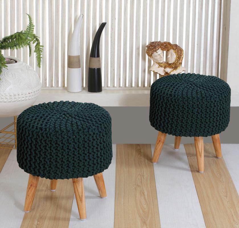 Jute Pouffes Sitting Stool For Living Room Poof Puffy Wooden Ottoman Stools (Combo Green)