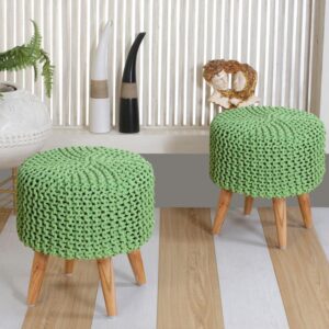 Jute Pouffes Sitting Stool For Living Room Poof Puffy Wooden Ottoman Stools (Combo Light Green)
