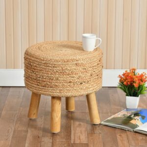 Jute Pouffes Sitting Stool For Living Room Poof Puffy Wooden Ottoman Stools (Beige)