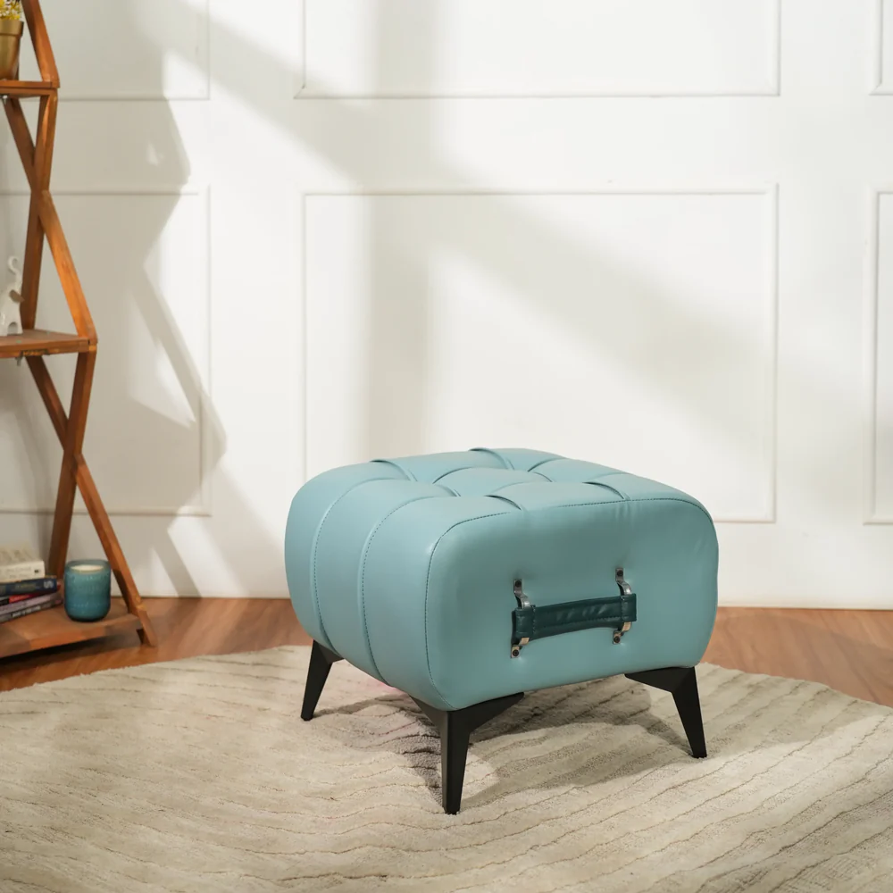 Modern Sky Blue Leather Tufted Ottoman with Dark Blue Handle - Image 5
