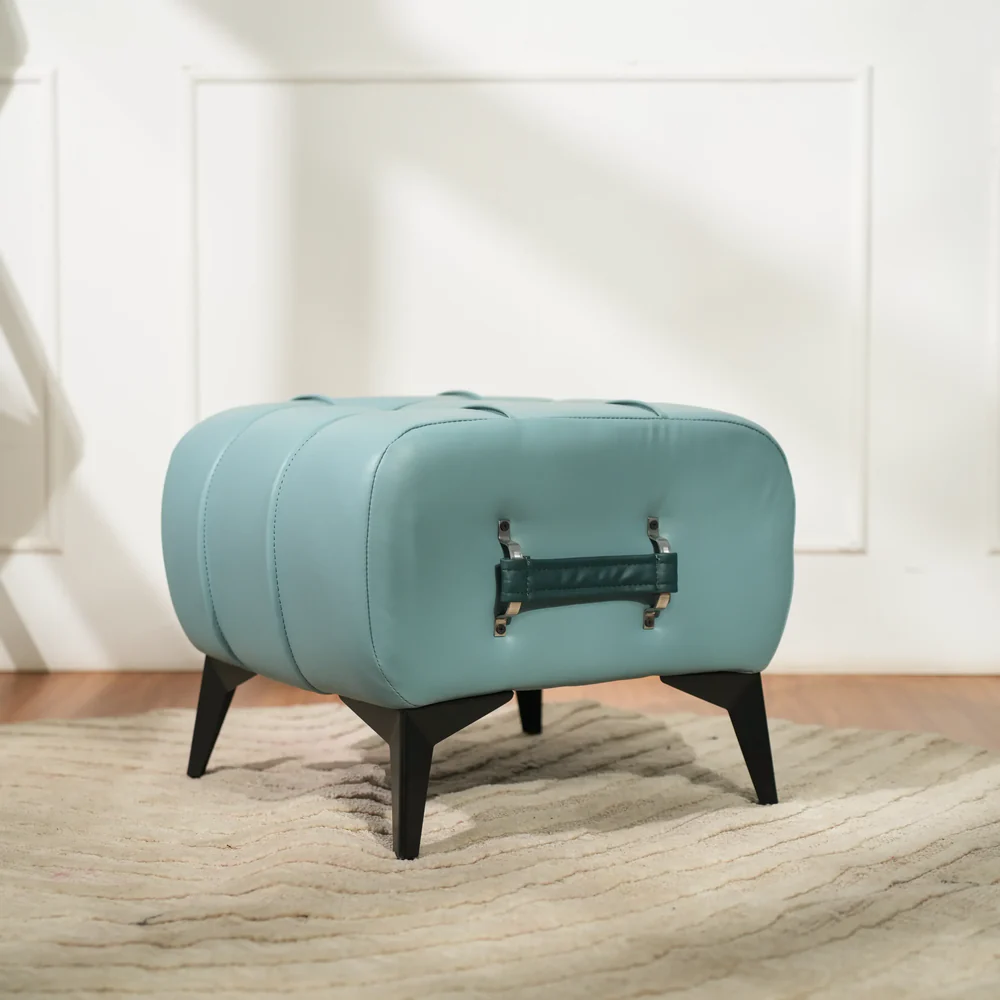 Modern Sky Blue Leather Tufted Ottoman with Dark Blue Handle - Image 3