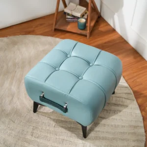 Modern Sky Blue Leather Tufted Ottoman with Dark Blue Handle