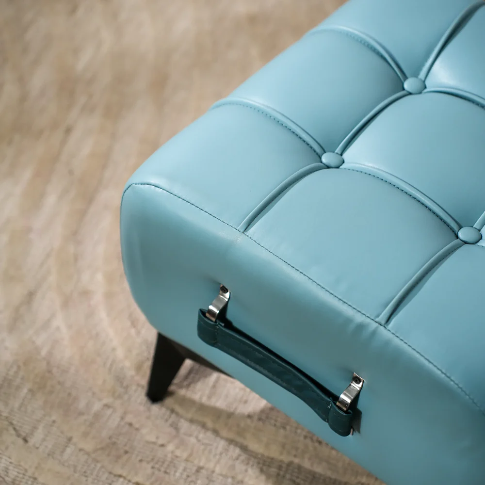 Modern Sky Blue Leather Tufted Ottoman with Dark Blue Handle - Image 4