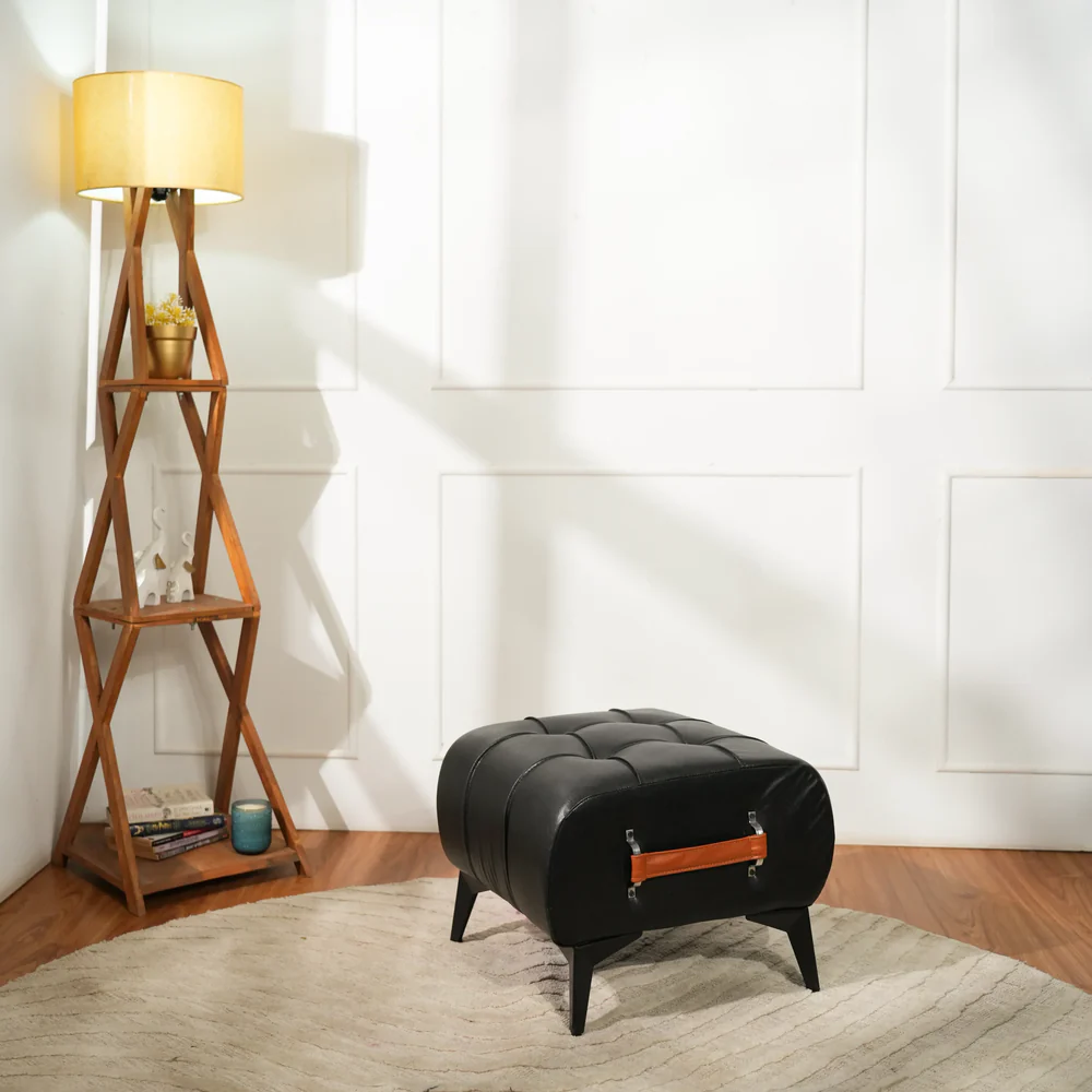 Modern Black Leather Tufted Ottoman with Golden Handle - Image 4
