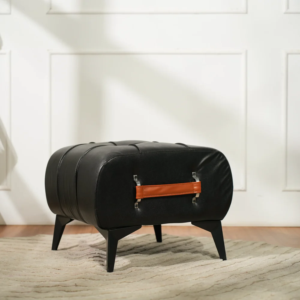 Modern Black Leather Tufted Ottoman with Golden Handle - Image 2