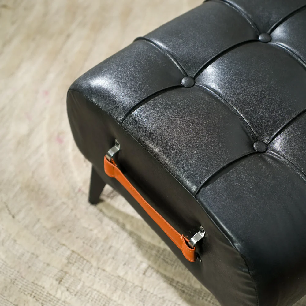 Modern Black Leather Tufted Ottoman with Golden Handle - Image 3