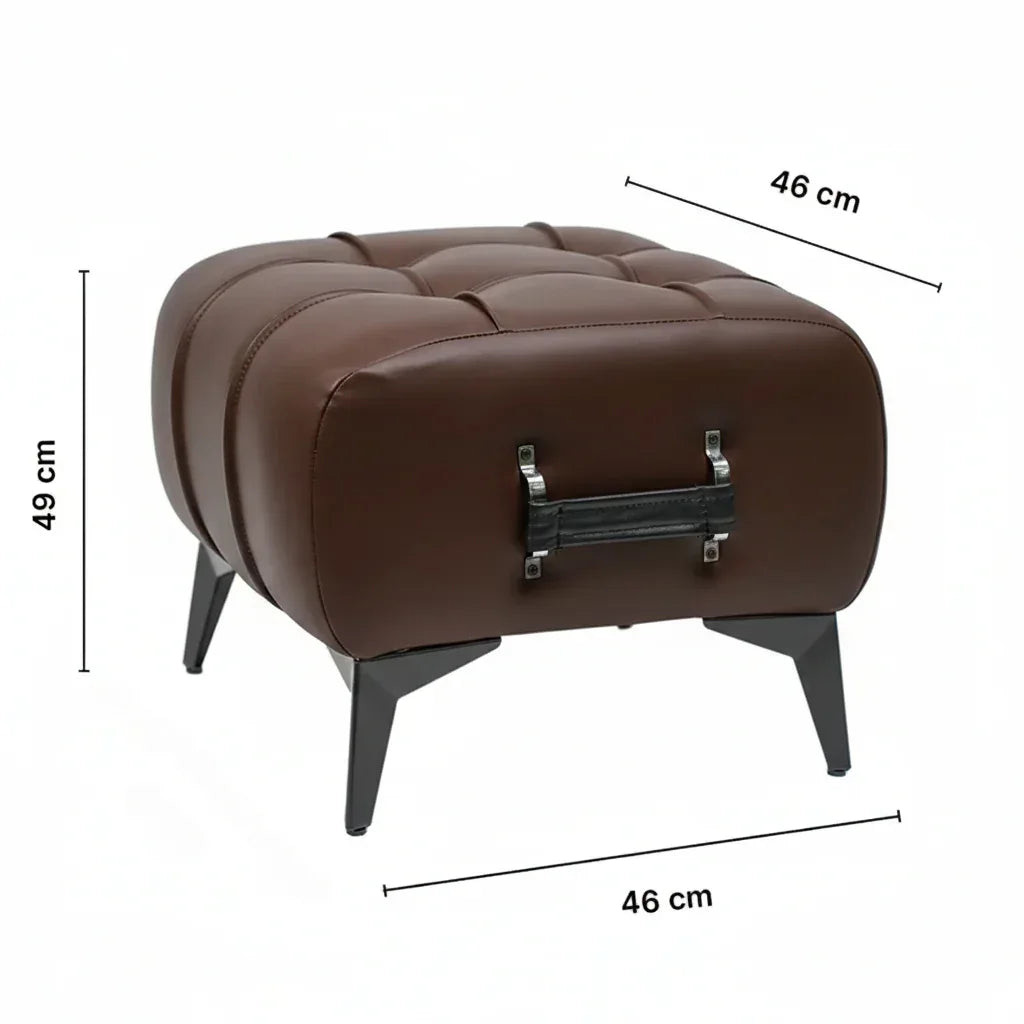 Modern Dark Brown Leather Tufted Ottoman with Black Handle - Image 10