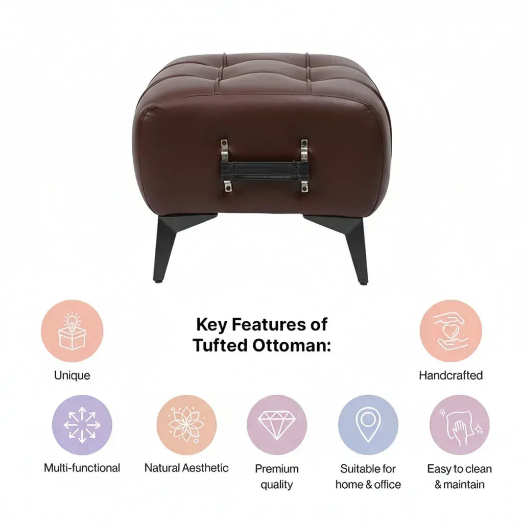 Modern Dark Brown Leather Tufted Ottoman with Black Handle - Image 8