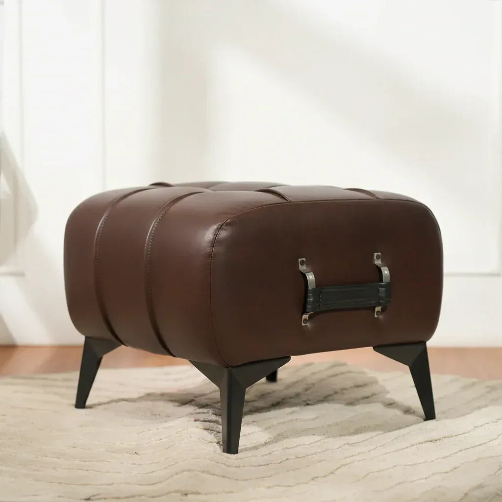 Modern Dark Brown Leather Tufted Ottoman with Black Handle - Image 7
