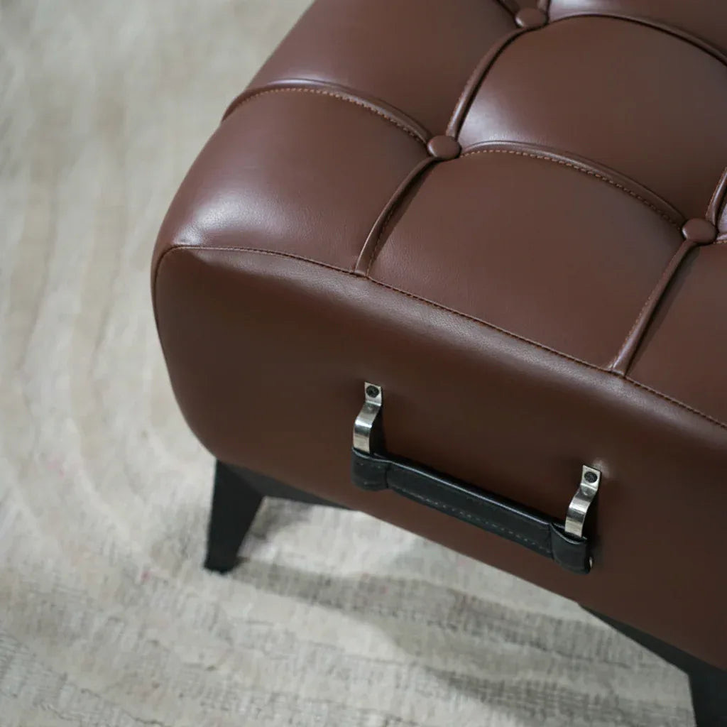 Modern Dark Brown Leather Tufted Ottoman with Black Handle - Image 9