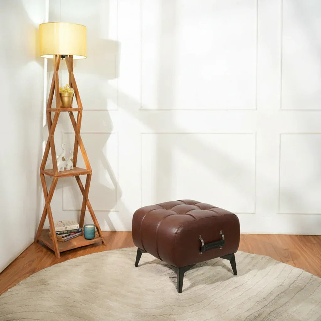 Modern Dark Brown Leather Tufted Ottoman with Black Handle - Image 11