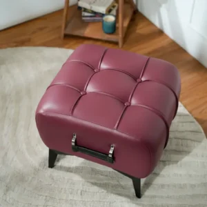 Modern Vintage Wine Leather Tufted Ottoman with Black Handle