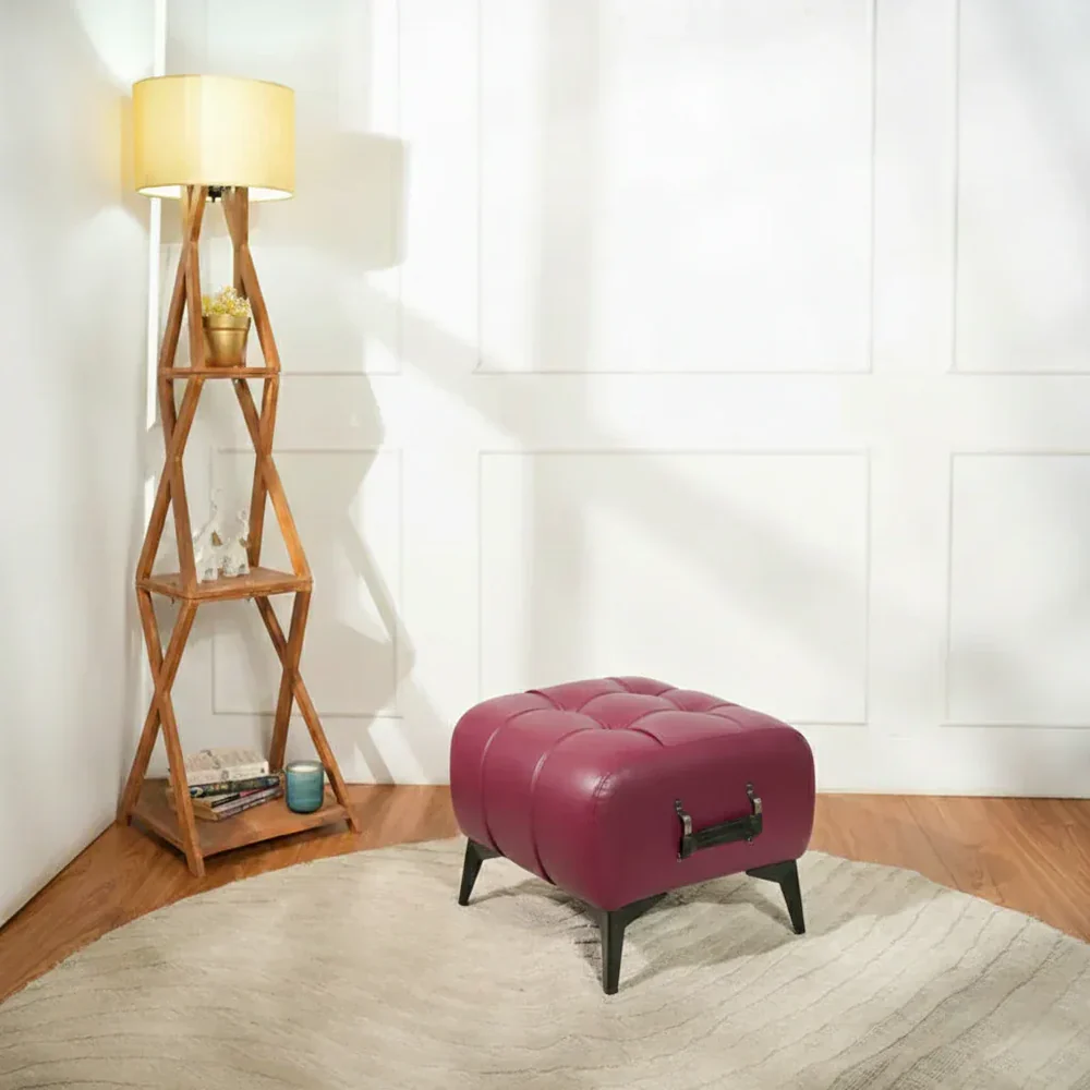 Modern Vintage Wine Leather Tufted Ottoman with Black Handle - Image 2