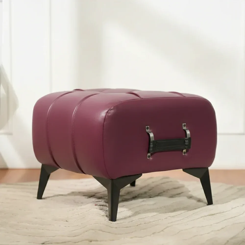 Modern Vintage Wine Leather Tufted Ottoman with Black Handle - Image 3