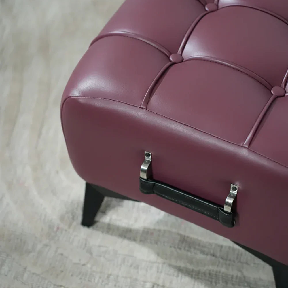 Modern Vintage Wine Leather Tufted Ottoman with Black Handle - Image 4